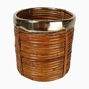 Panier Cachepot en Rotin Tissé Main Pencil Reed et Laiton, 1960s