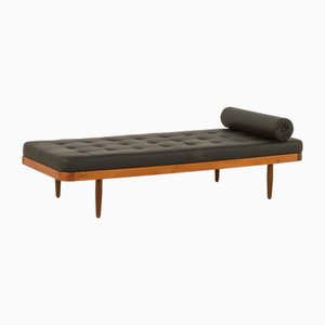 Dormeuse vintage in teak in pelle nera, Danimarca, anni '60