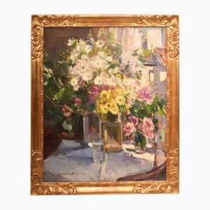 Bodegón con jarrón de margaritas y rosas, 1939, óleo sobre lienzo, enmarcado