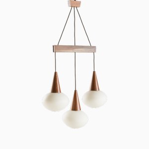 Mid-Century Modern Italian Teak and White Opaline Glass Pendant in the style of Stilnovo, 1960s
