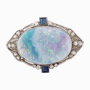 Mid-Century 18 Karat White Gold Brooch with Multicolored Opal, Diamonds and Sapphires, Italy, 1950s