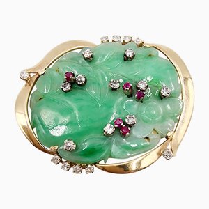 Broche Mid-Century en Or jaune 18k avec Jade, Diamants et Rubis, Italie, 1950s