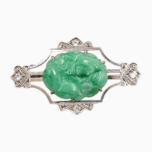 Mid-Century 18 Karat White Gold Brooch with Jade and Diamonds, Italy, 1950s