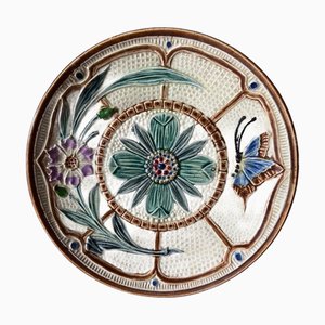 Majolica Flowers and Butterfly Plate from Wasmuel, 1890s
