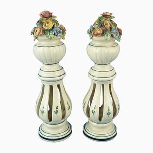 Art Nouveau Ceramic Columns with Miniature Vases and Flowers from Bassano Nove Factory, Italy, Late 19th Century, Set of 2