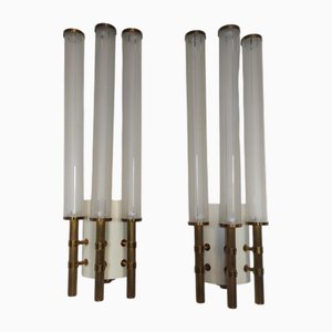 Large Brass and Satin Glass Sconces, 1950s, Set of 2