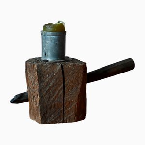 Primitive Candleholder in Raw Wood and Pewter