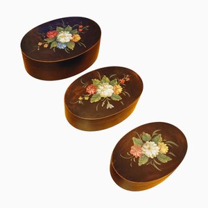 Scatole ovali vintage dipinte a mano, Europa, set di 3