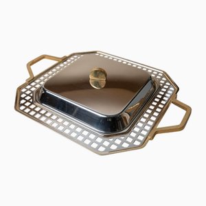 Vintage Orchidea Serving Platter in Stainless Steel with Gold-Plated Edge from Inoxpran, Italy, 1980s