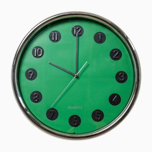 Vintage Space Age Green Wall Clock with Chrome Details, Italy, 1970s