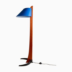 Postmodern Pinocchio Floor Lamp in Wood and Metal with Blue Shade from Zonca, Italy, 1980s
