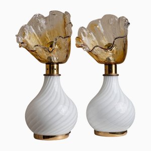 Lampade da tavolo Swirl vintage in vetro di Murano e ottone con paralumi floreali, Italia, anni '70, set di 2