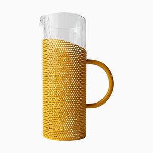 Jarra vintage de vidrio con asa de metal amarillo y maja de vidrio de De Agostini, Italia, años 80