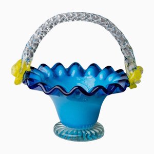 Mid-Century Blue and Yellow Murano Glass Bowl with Handle, Italy, 1970s
