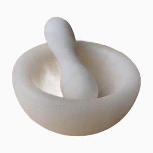 Mid-Century Marble Mortar and Pestle in White Stone with Structure, Italy, 1980s, Set of 2