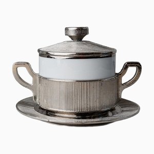 Vintage Silver-Plated Lidded Porcelain Bowl with Tray, Italy, 1950s, Set of 2