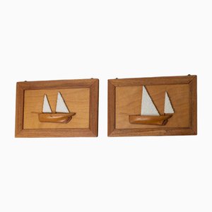 Vintage Wooden Boat Murals with Plastic Sailing Boats, France, 1960s, Set of 2