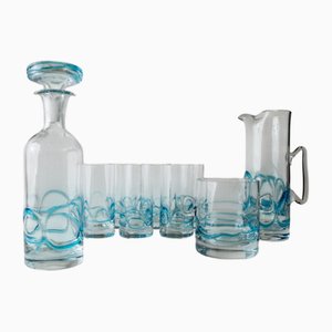 Clear and Blue Murano Pitcher, Carafe and Glasses, Italy, 1960s, Set of 9