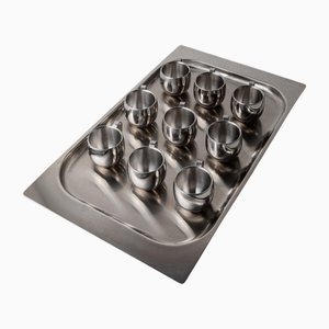 Minimalistische Kaffeetassen & Tablett aus Edelstahl von Imco, Italien, 1970er, 10 . Set