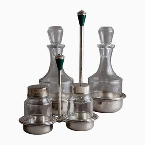 Vintage Silver-Plated Glass Salt and Pepper Shaker and Vinegar and Oil Bottles, Italy, 1970s, Set of 5