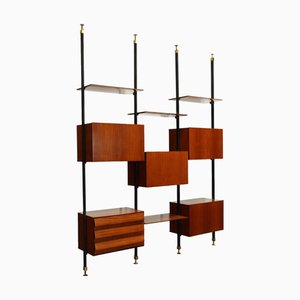 Vintage Bookcase in Teak Veneer, Metal and Brass, Italy, 1950s-1960s