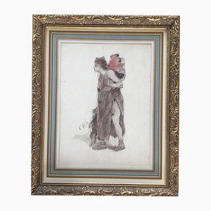 Casimir Brau-Simon, Frau mit Hase, Zurück von der Jagd, 1898, Aquarell auf Bleistiftstrichen