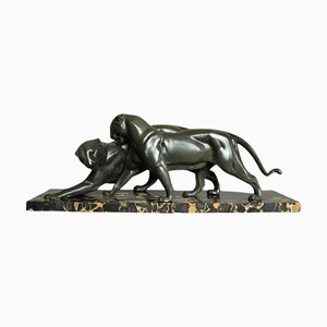 Plagnet, Art Deco Panthers, Zinc Cast on Marble Base, 1930