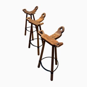 Vintage Spanish Brutalist Oak Marbella Stools, Set of 3