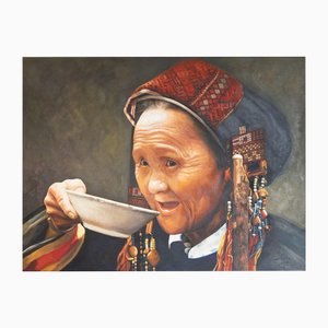Portrait of a Tribal Woman Drinking Tea, Oil on Canvas