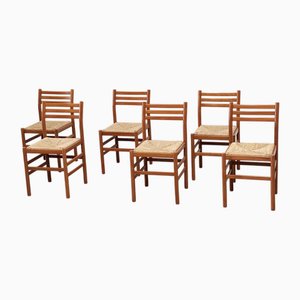 Walnut and Rattan Dining Chairs, 1970s, Set of 6