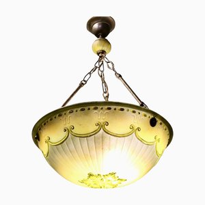 French Art Deco Decorated Glass Hanging Light with Brass Rose, 1930