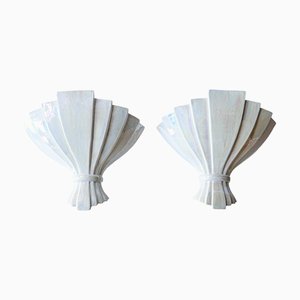 Fan Shaped Pearl Glazed Ceramic Wall Lamps, 1950s, Set of 2