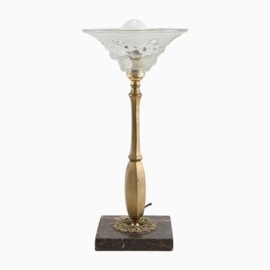 Art Nouveau Table Lamp with Brass and Marble Base and Glass Shade, 1920s