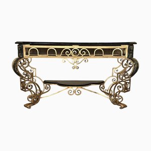 French Louis XV Wrought Iron Gilded Console Table with Marble Top and Low Shelve, 1890