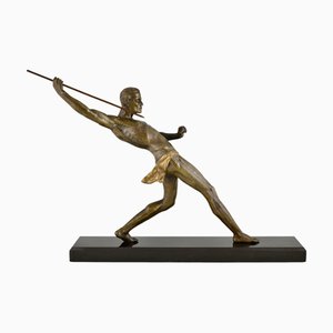Limousin, Atleta Art Deco con lancia o giavellotto, 1930, metallo su base in marmo