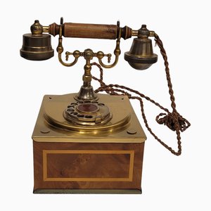 Téléphone à Bouton en Marqueterie et Bronze Doré, Italie, 1970s