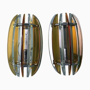 Italian Wall Sconces in Steel and Crystal Veca for Fontana Arte, 1970s, Set of 2