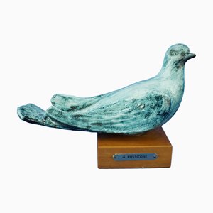 Ceramic Dove Sculpture with Wooden Base by Giuseppe Rossicone, Italy, 1970s