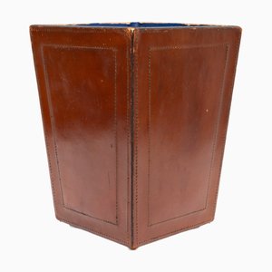 Cognac Color Stich Leather Paper Basket, France, 1960s