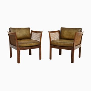 Set of Vintage Danish Leather and Cane Armchairs by Illum Wikkelso for CFC Silkeborg, 1960s