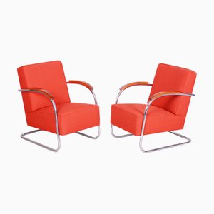 Bauhaus Armchairs in Beech & Chrome attributed to Mücke-Melder, Czech, 1930s, Set of 2