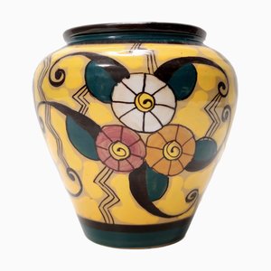 Futurist Yellow Glazed Earthenware Vase with Floral Motifs, Italy, 1920s