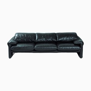 Divano Maralunga vintage in pelle nera di Vico Magistretti per Cassina, Italia