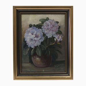 Artista danés, Hortensias azules en un jarrón, Pintura al óleo, Mediados del siglo XX, Enmarcado