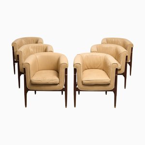 Italian Dining Cream Leather and Brown Wood Easy Chairs, 1960s, Set of 6