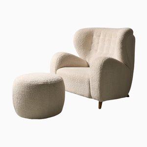 Set of Finnish White Comfy Marta Blomstedt Armchair with Matching Ottoman, 1960s