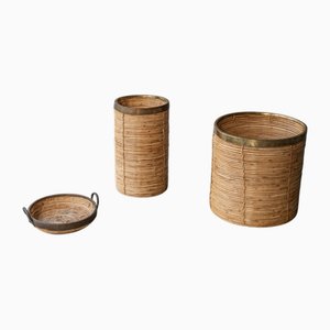 Italienische Pflanzgefäße aus Rattan & Messing, 2 . Set