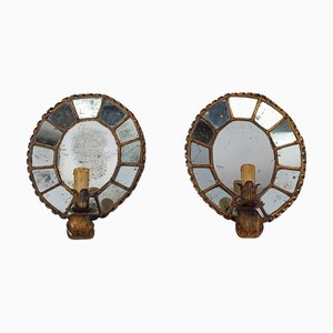 Antique Oval Sconces in Twisted Gilt Iron and Mosaic Mirror, Set of 2