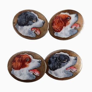 Art Deco Silver Cufflinks Enameled with Hunting Dogs, 1930s, Set of 2
