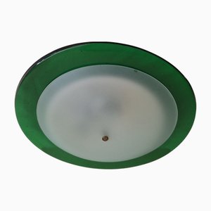 Flat Ceiling Lamp in Green Murano Glass with Matt Glass Shade, 1980s